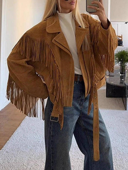 Retro Chic Fringe Suede-Look Wide-Shoulder Jacket