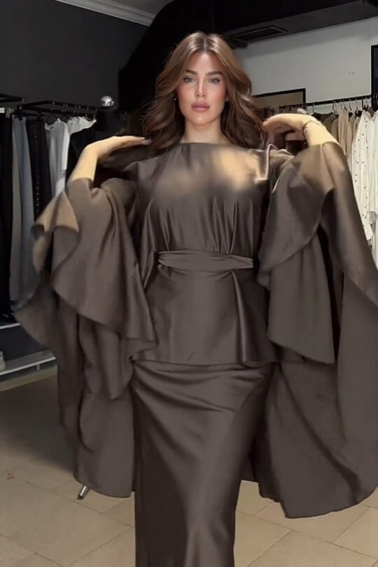 Fashionable Round Neck Irregular Batwing Sleeve Top Slim-Fit Maxi Skirt Set