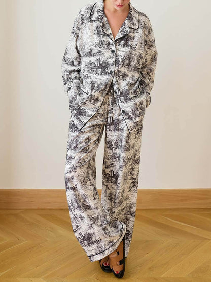 Unique Printed Button-Decorated Loose Pajama Set
