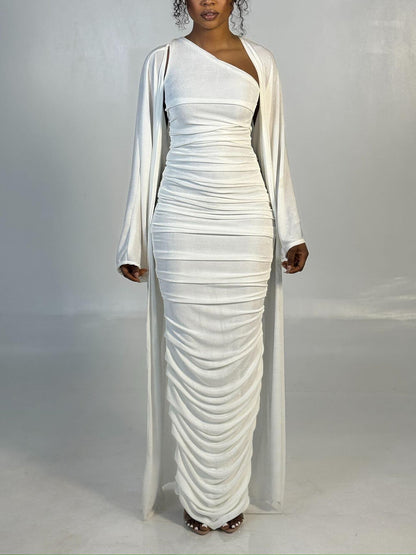 Elegant One-Shoulder Ruched White Maxi Dress with Long-Sleeve Cardigan Set