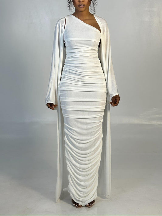 Elegant One-Shoulder Ruched White Maxi Dress with Long-Sleeve Cardigan Set