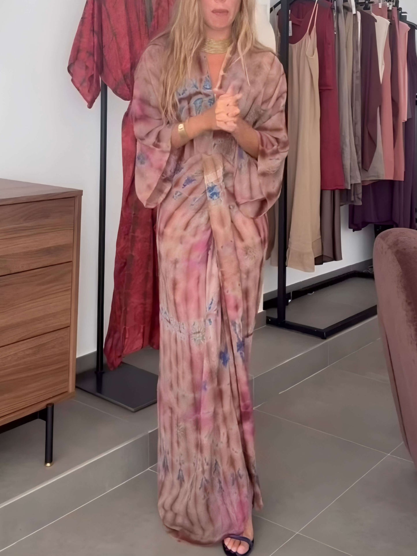 Bohemian Kimono-Inspired Tie-Dye Print Waist-Tie Maxi Dress