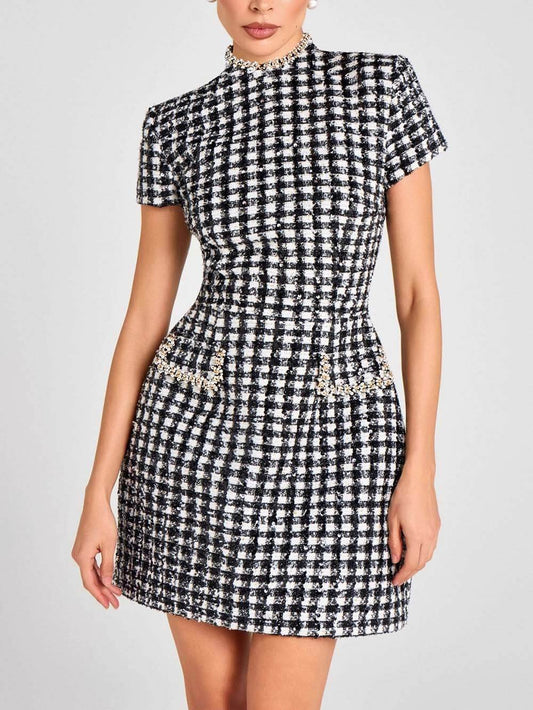 Elegant Sequin Beaded Plaid Tweed Mini Dress