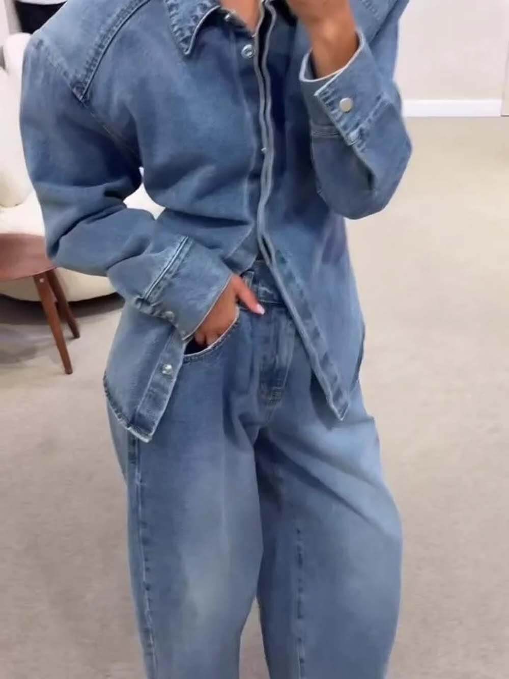 Fashionable High-Waist Pocket Wide-Leg Jeans