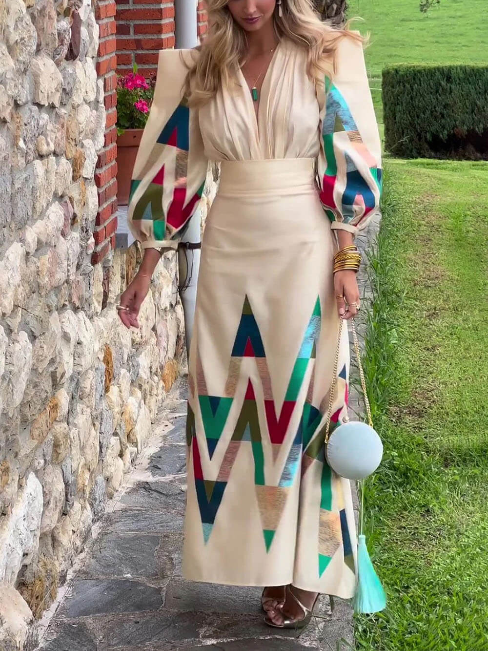 Elegant Floral Square-Neck V-Neck Ruched Lantern Sleeve Blouse