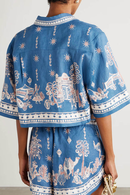 Unique Floral Print Linen Short-Sleeve Shirt and Shorts Set