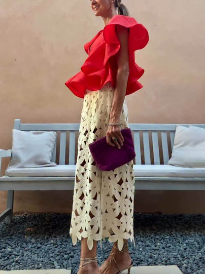 Exquisite Ruffled Panel Ruched Loose Top