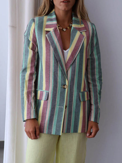 Classic Striped Print Lapel Pocket Blazer