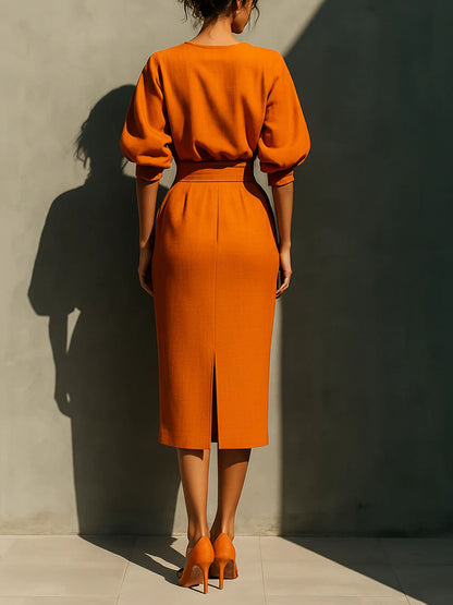 Delicate Round Neck Half-Sleeve Top And Pocketed Back Slit Midi Skirt Set