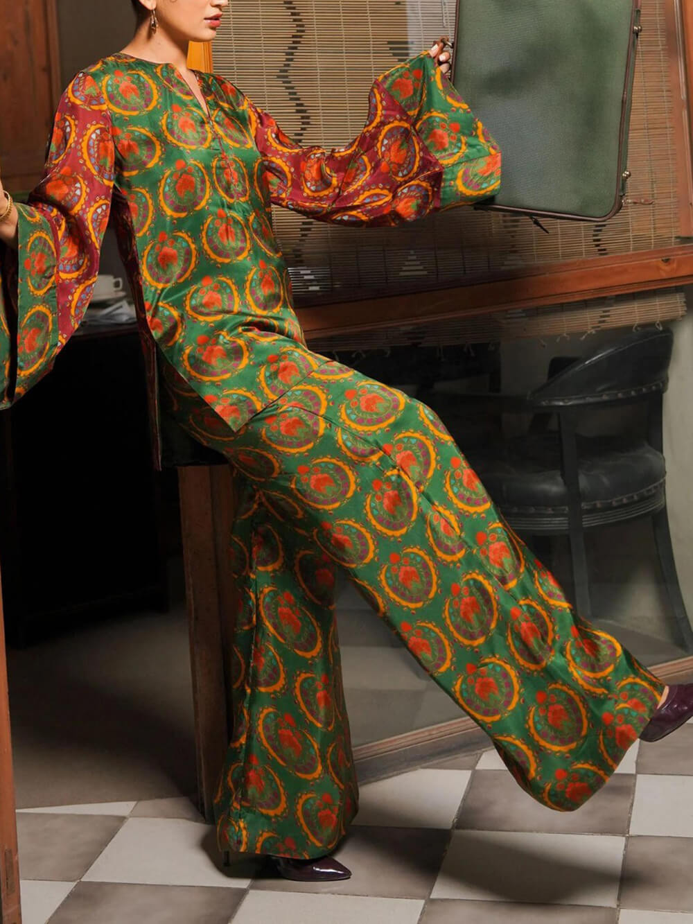 Unique Satin Bold Ethnic Print Loose Shirt