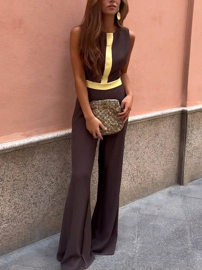 Retro Round Neck Classic Contrast Color Flared Jumpsuit