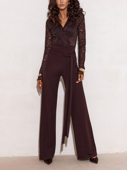Elegant V-Neck Lace Long-Sleeve Tie-Waist Jumpsuit