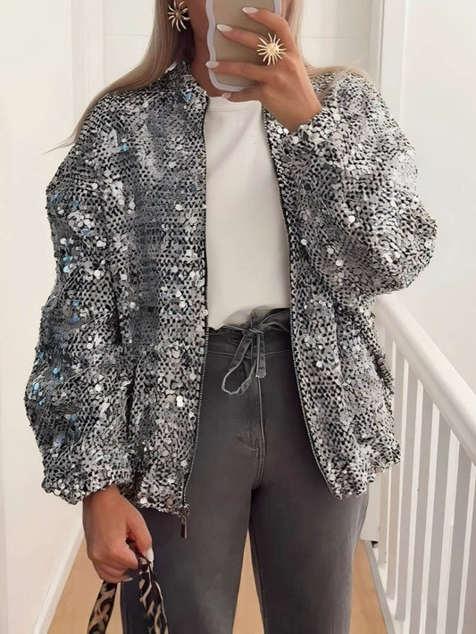 Retro Sequin Zip-Up Long Sleeve Jacket