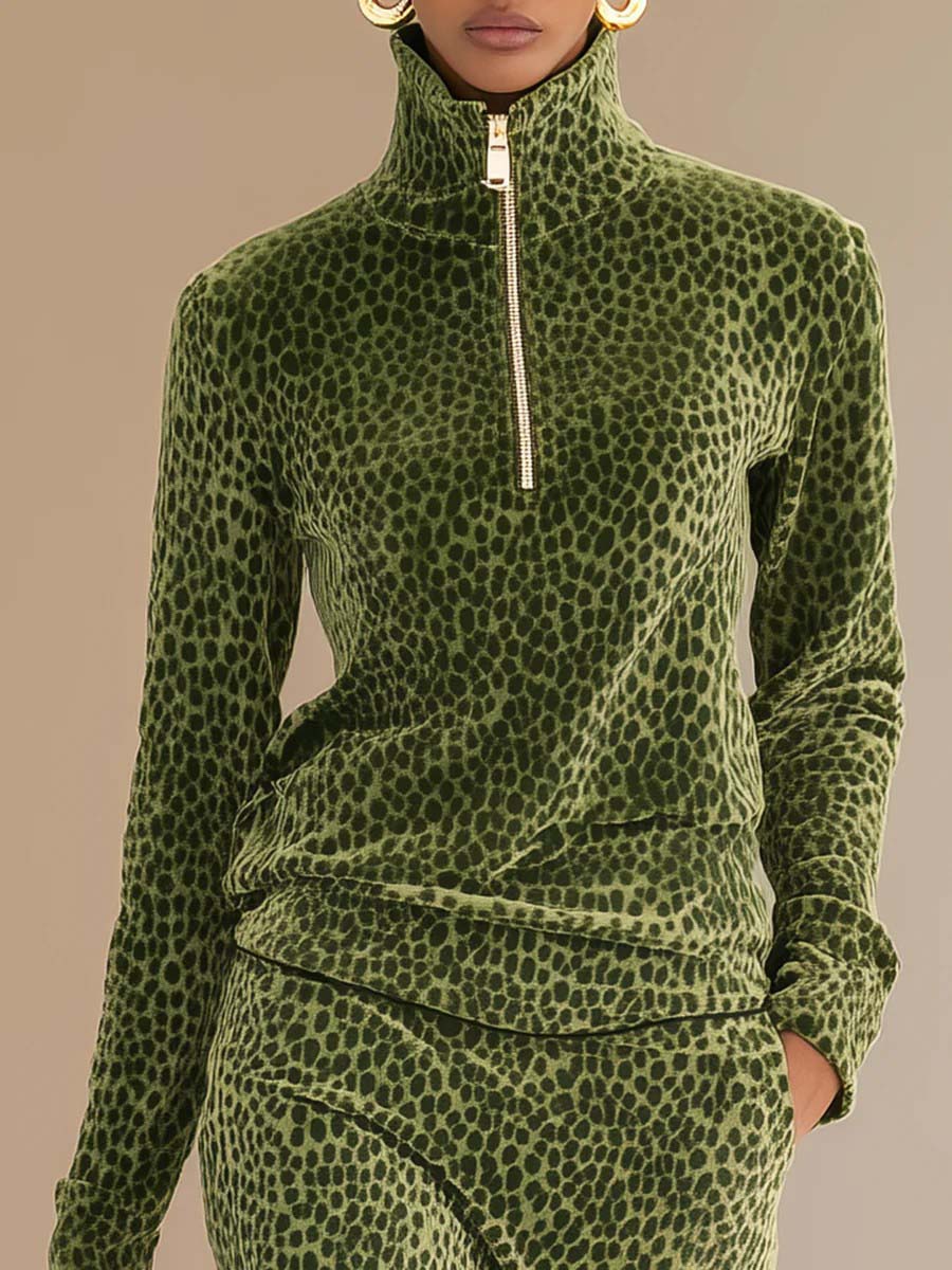 Casual Leopard-Texture Half-Zip Top & Midi Skirt Two-Piece Set