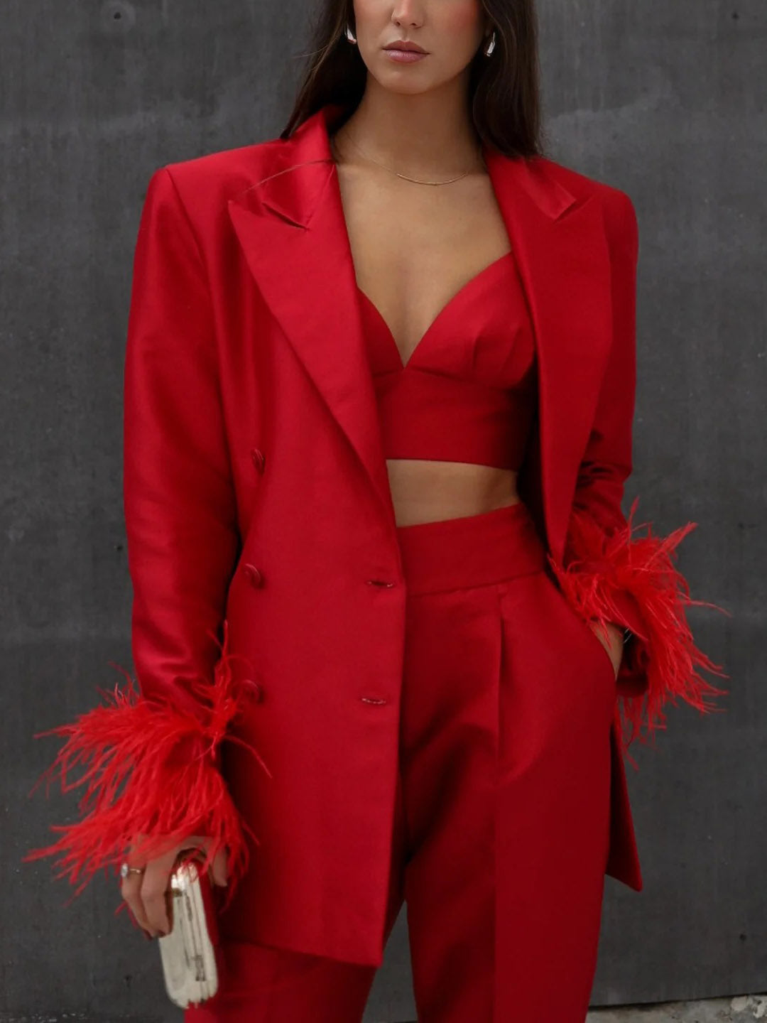 Elegant Satin Feather-embellished Double-breasted Blazer