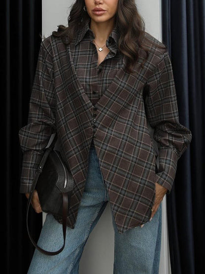 Casual Plaid Asymmetrical Padded Shoulder Shirt