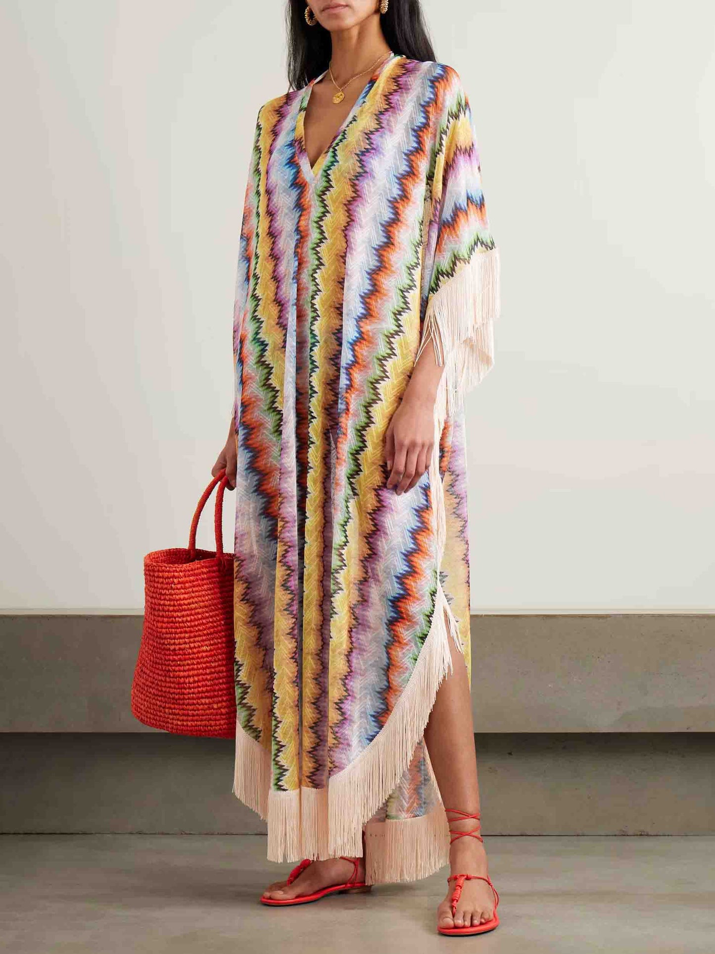 Exquisite Multicolor Chevron Fringe Kaftan Maxi Dress