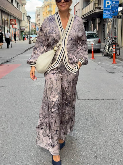 Unique Floral Print Ribbon Spliced V-Neck loose Blouse