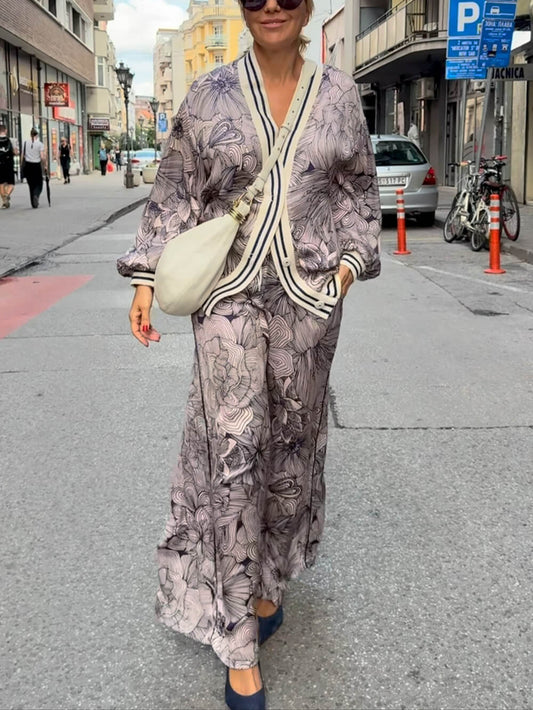 Unique Floral Print Ribbon Spliced V-Neck loose Blouse