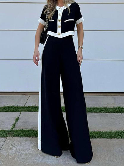 Fashionable Black And White Patchwork Short-Sleeved Top And Straight Pants Set