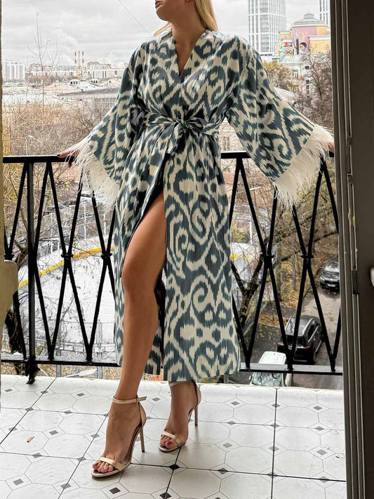 Elegant Printed Feather Cuff Long Coat