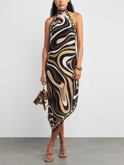 Exquisite Satin Irregular Print Halterneck Midi Dress