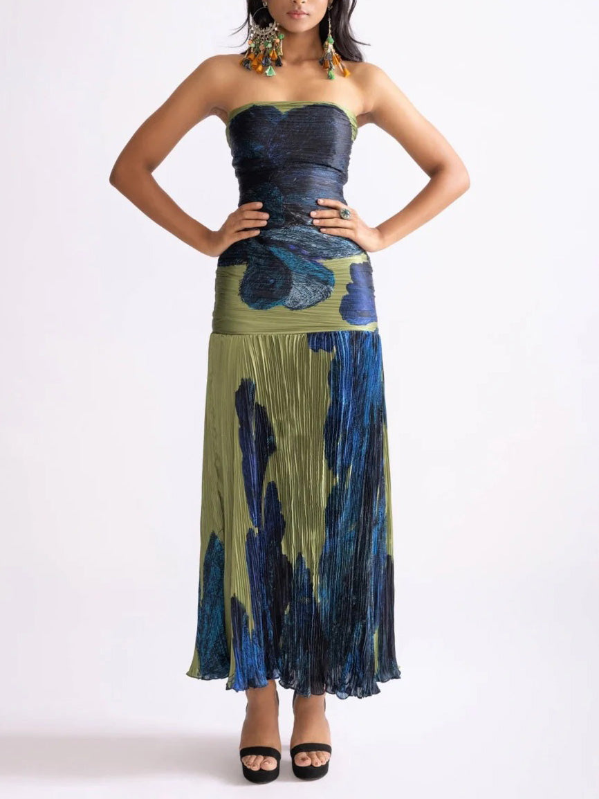 Painterly Floral Print Pleated Off-the-shoulder Maxi Dress