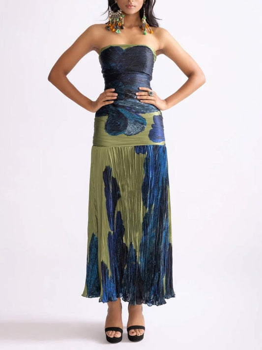 Painterly Floral Print Pleated Off-the-shoulder Maxi Dress