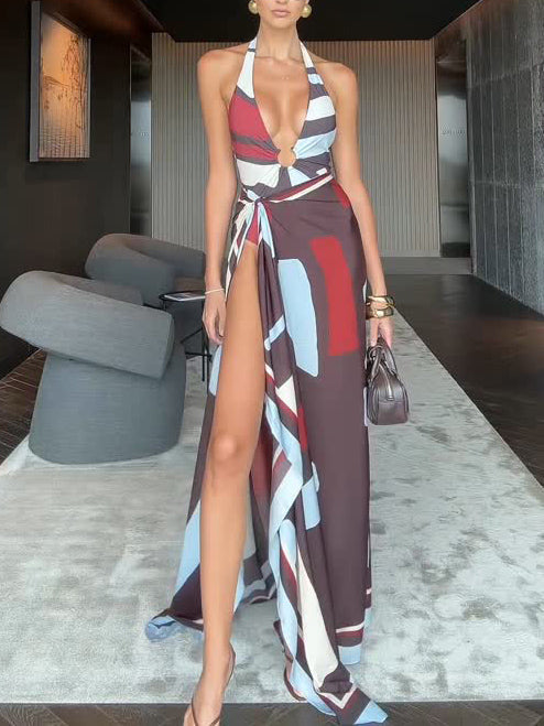 Sexy Holiday Silhouette Floral Print Two-piece Suit