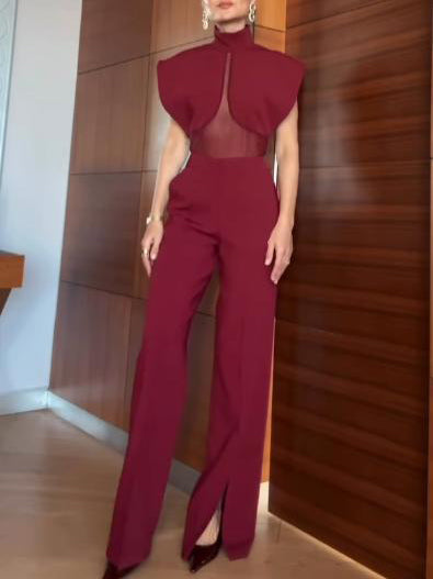 Elegant High-Neck Mesh Panel Top & Slit Pants Two-Piece Set