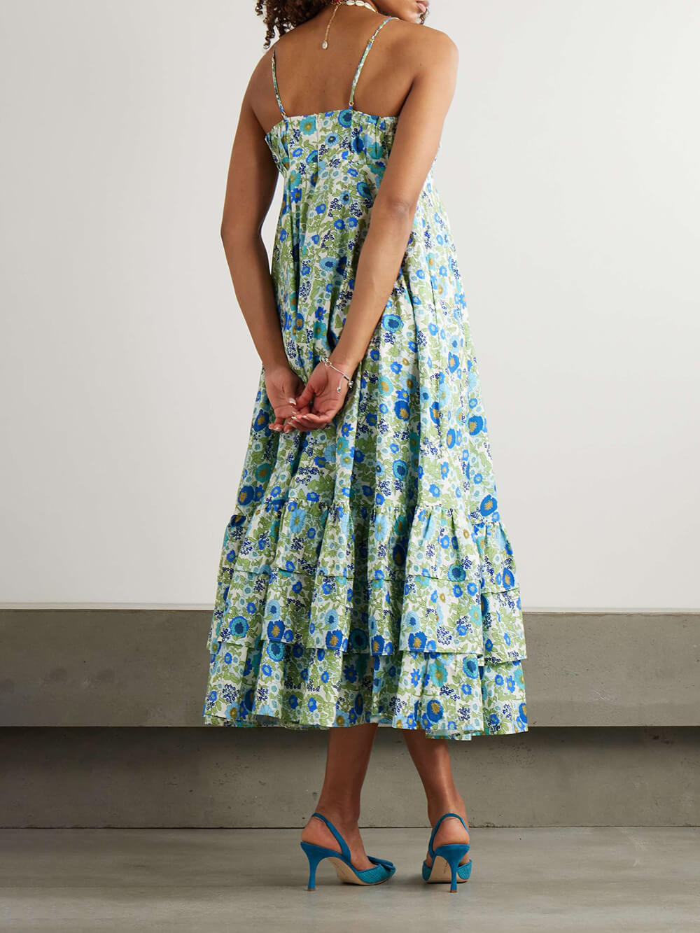 Delicate Layered Ruffled Floral Print Halter Midi Dress