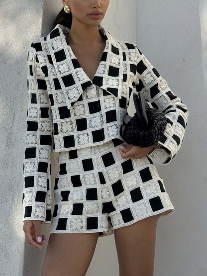 Exquisite Crochet Grid Pattern Long Sleeve Jacket