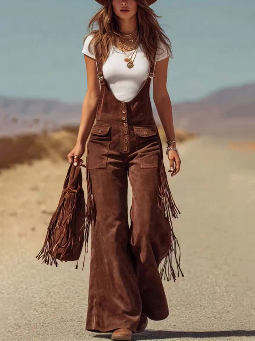 Retro Faux Suede Flared Overalls