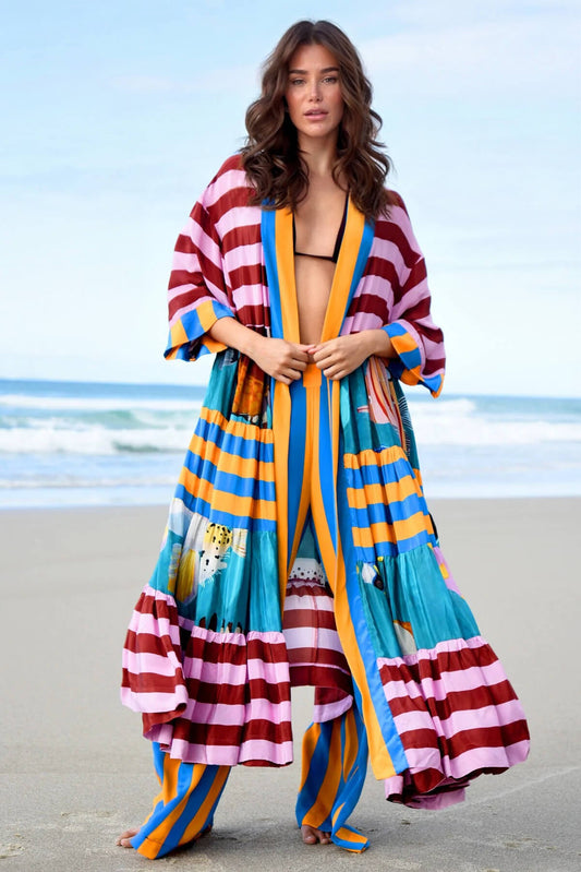 Unique Fashion Striped Print Long Kimono-Style Top