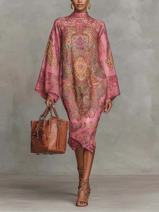 Retro Paisley Print Round Neck Flared Sleeve Midi Dress