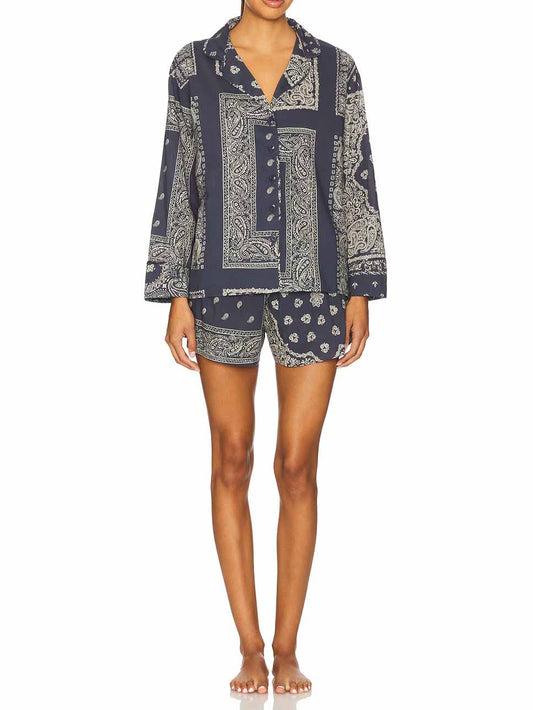 Retro Paisley Print Shorts And Long-Sleeved Shirt Two-Piece Set