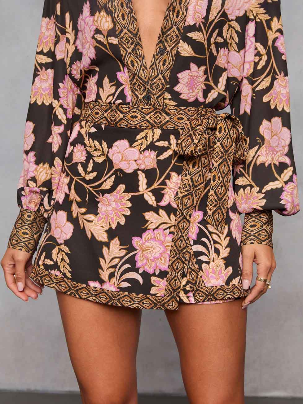 Casual Bohemian Floral Print Tie Wrap Skirt