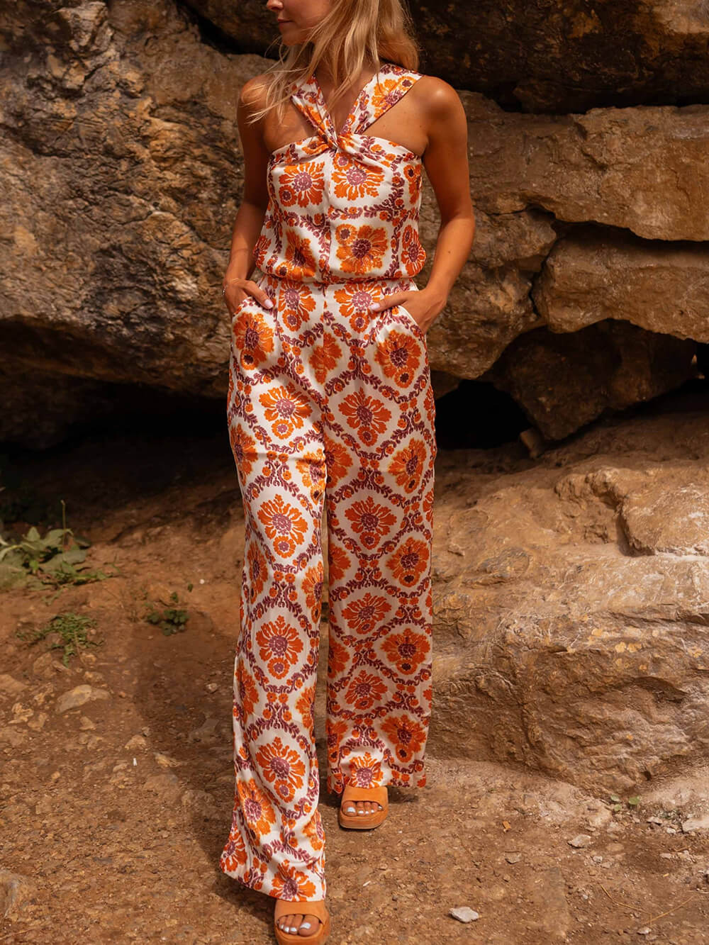 Unique Floral Print Off-Shoulder Cinched Waist Jumpsuit