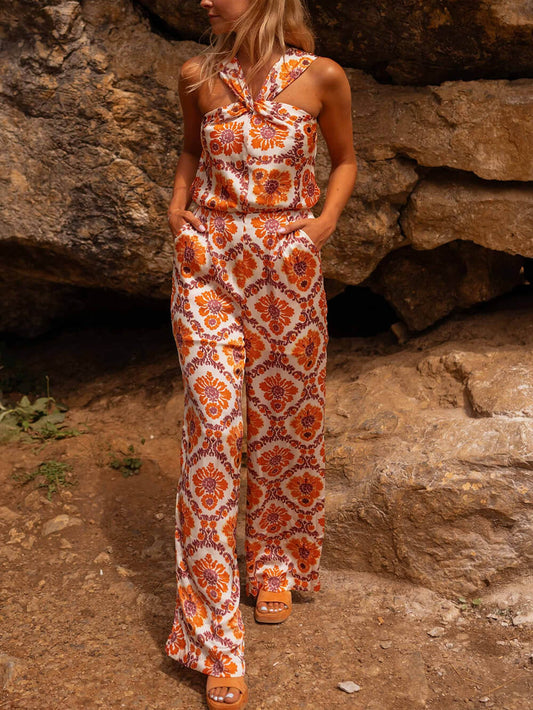 Unique Floral Print Off-Shoulder Cinched Waist Jumpsuit