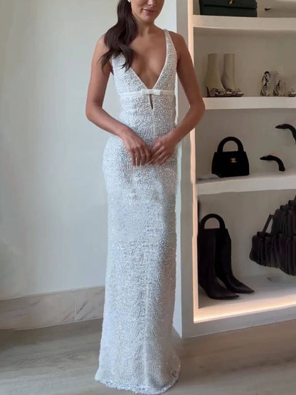 Festival Exquisite Sequin Beaded Mesh Bow-Detail Cut-Out Slit Maxi Dress