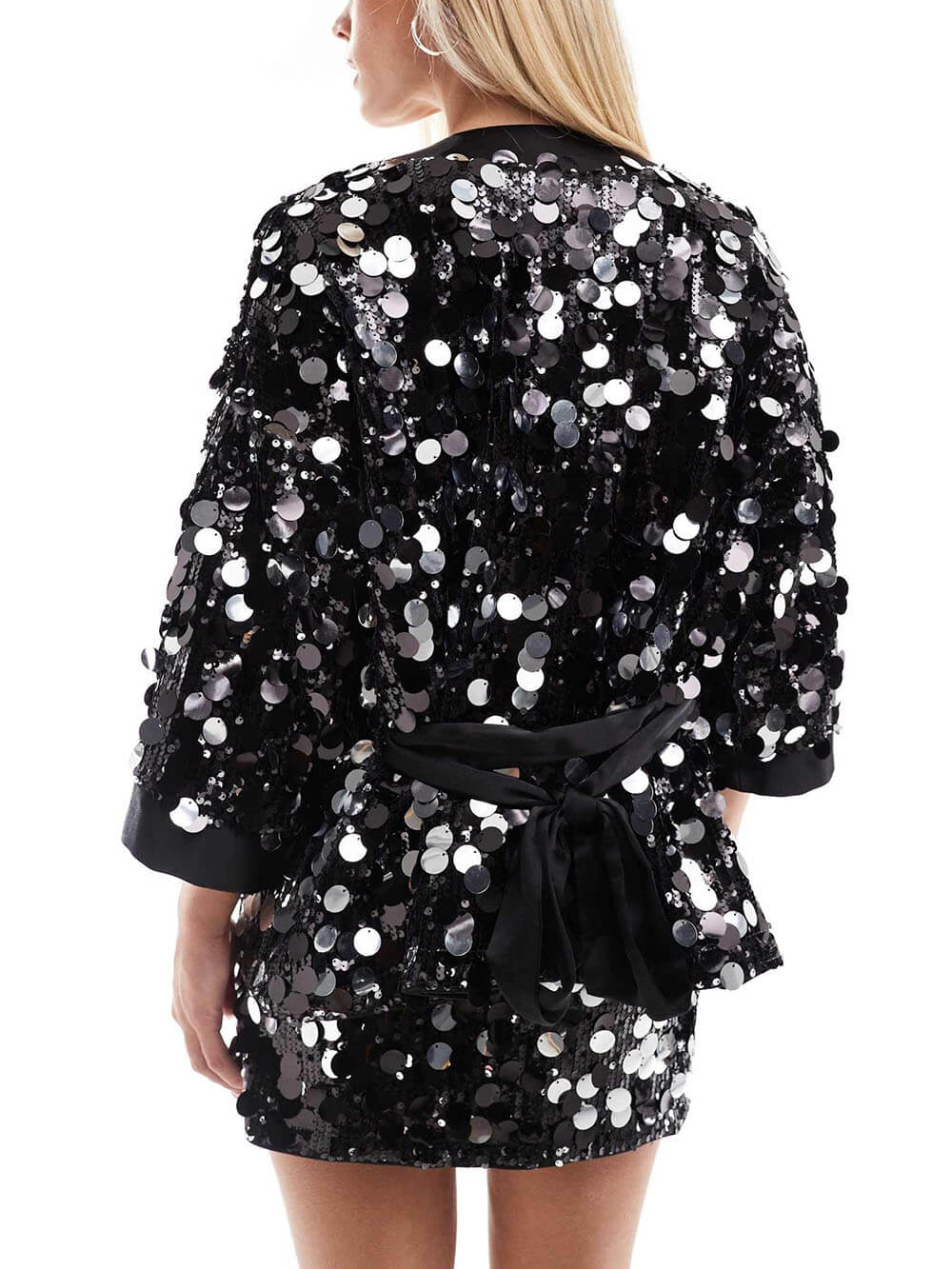 Sequined Black Disco Kimono Jacket and Mini Skirt Set