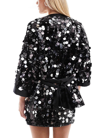 Sequined Black Disco Kimono Jacket and Mini Skirt Set
