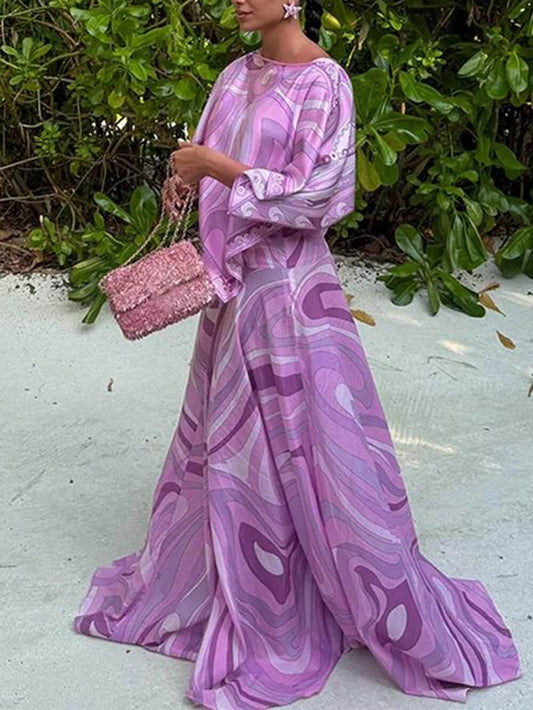 Casual Satin Placement Print Cape Top And Flared Skirt Set