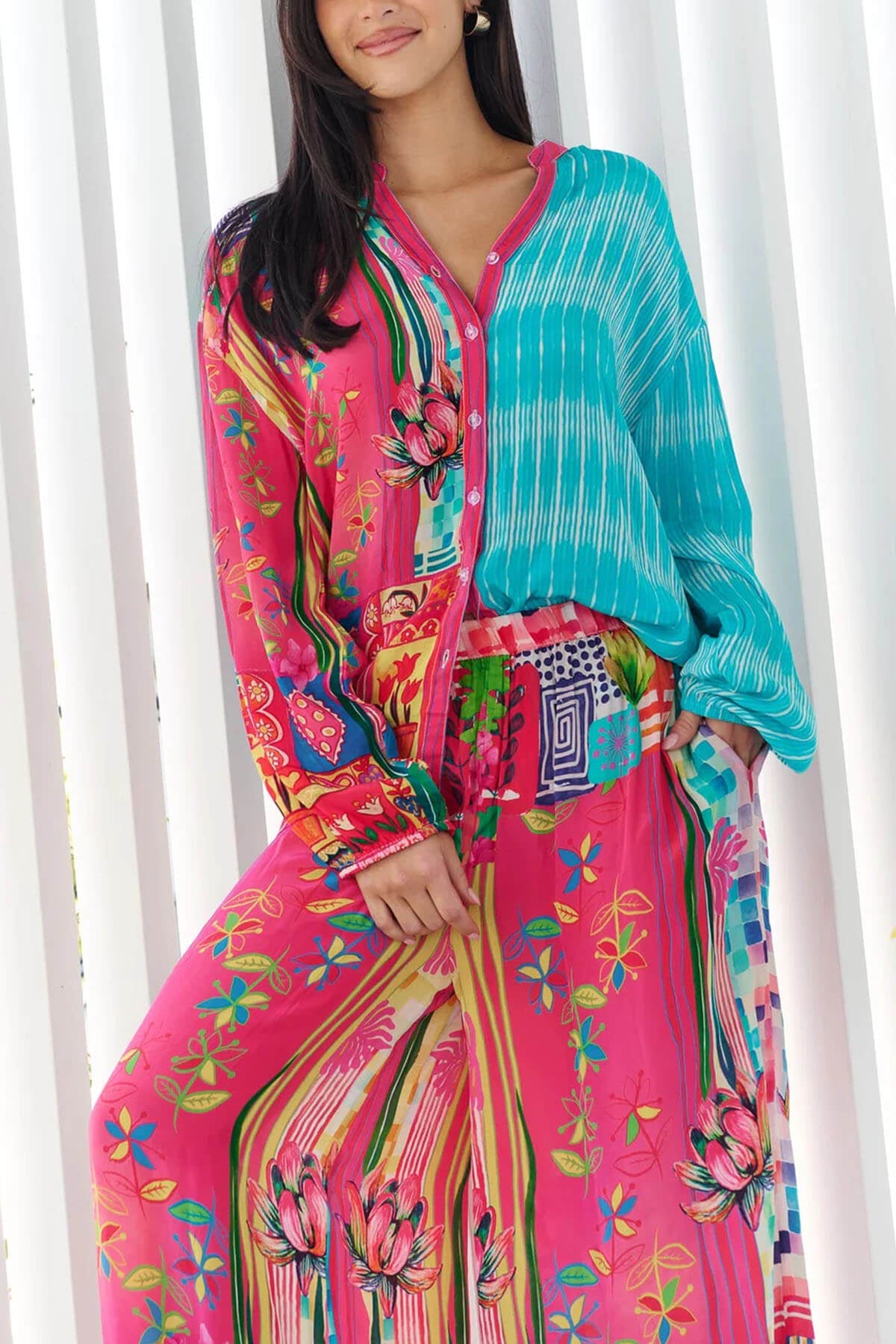 Unique Patchwork Print Button-Up Loose Fitting Shirt