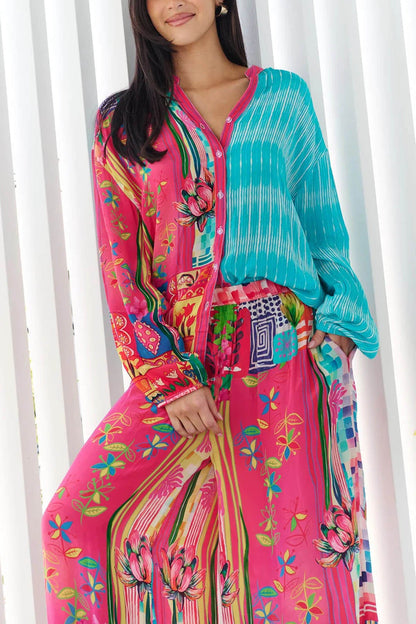 Unique Patchwork Print Button-Up Loose Fitting Shirt