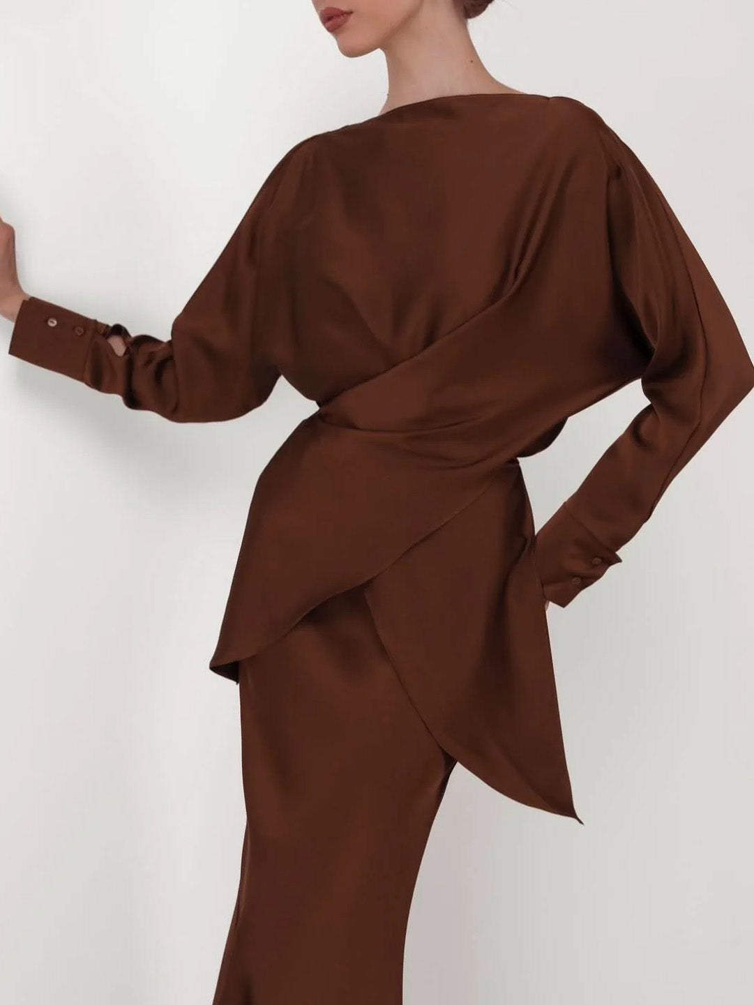 Elegant Asymmetrical Satin Long-sleeved Shirt