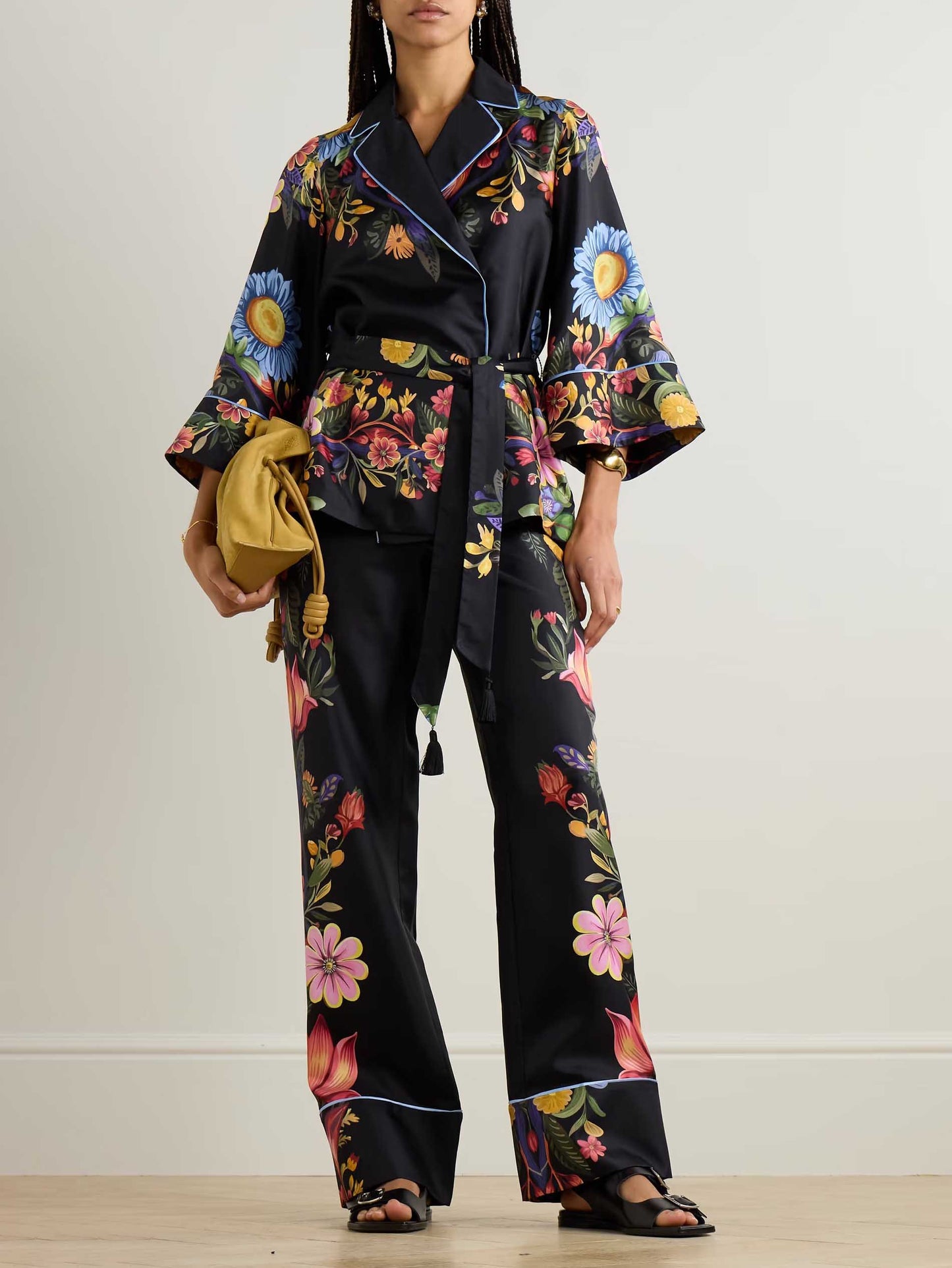 Exquisite Satin Floral Print Contrast Piping Wrap Lace-Up Shirt