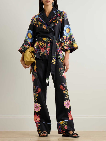 Exquisite Satin Floral Print Contrast Piping Wrap Lace-Up Shirt