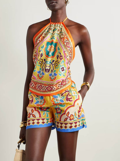 Ethnic Print Satin Halterneck Top And Shorts Set