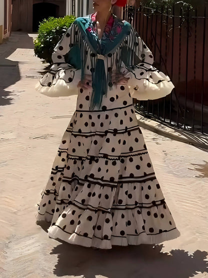 Exquisite Polka Dot Print Ruffle-Trim Flare-Sleeve A-Line Maxi Dress